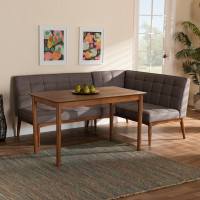 Baxton Studio BBT8051.11-GreyWalnut-3PC Dining Nook Set Baxton Studio Sanford Mid-Century Modern Grey Fabric Upholstered and Walnut Brown Finished Wood 3-Piece Dining Nook Set